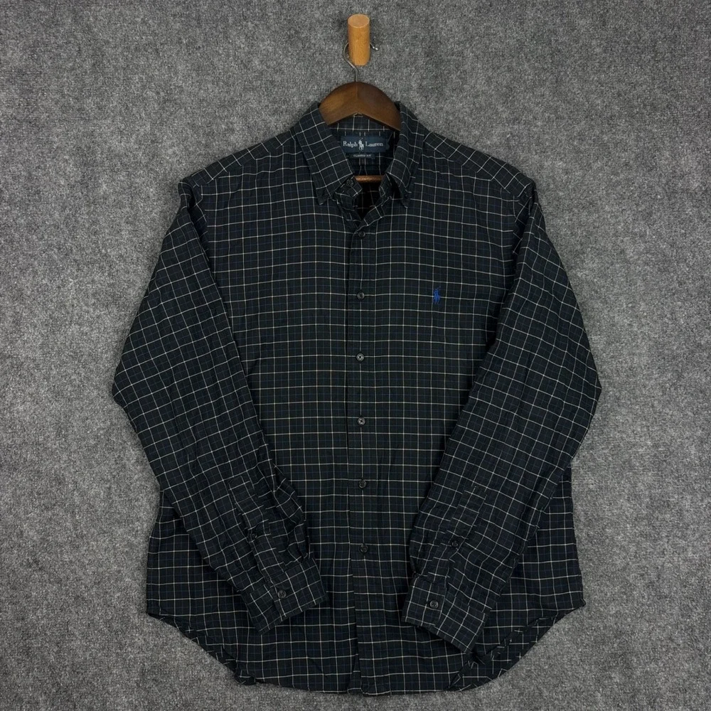 Polo Ralph Lauren Mens Classic Fit Navy Blue Windowpane Check Cotton Shirt XL